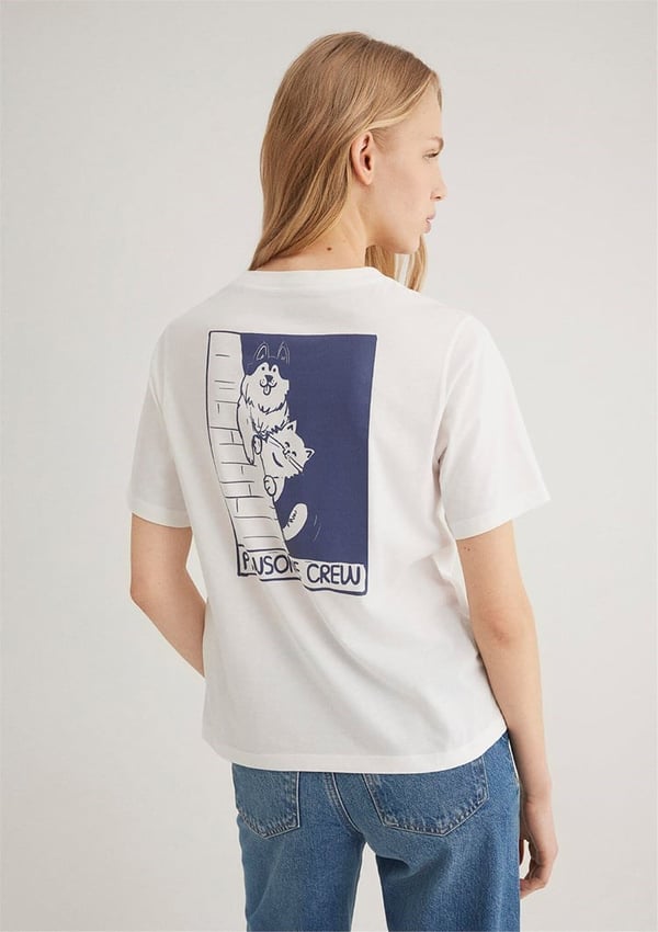 Mavi KEDi BASKiLi GRAFiK TİŞÖRT Kirik Beyaz Beyaz Kadın T-Shirt