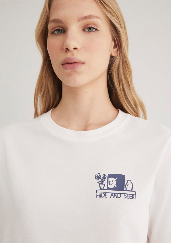 Mavi KEDi BASKiLi GRAFiK TİŞÖRT Kirik Beyaz Beyaz Kadın T-Shirt