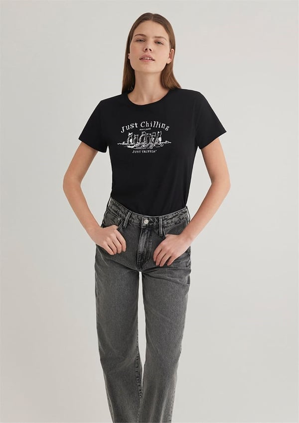 Mavi KEDi BASKiLi GRAFiK TİŞÖRT Siyah Siyah Kadın T-Shirt