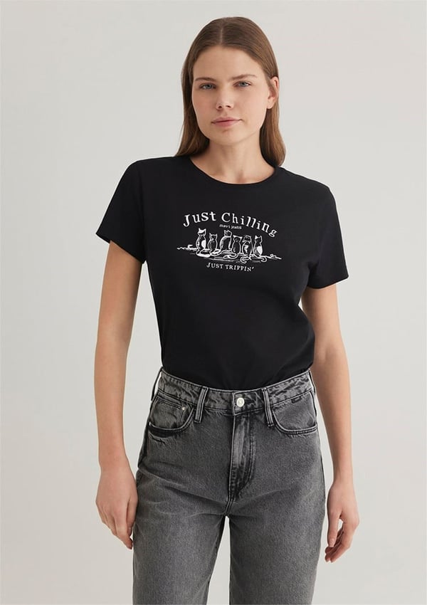 Mavi KEDi BASKiLi GRAFiK TİŞÖRT Siyah Siyah Kadın T-Shirt