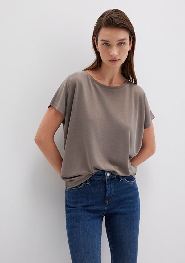 Mavi KiSA KOL TİŞÖRT Mantar Kahve Kahverengi Kadın T-Shirt