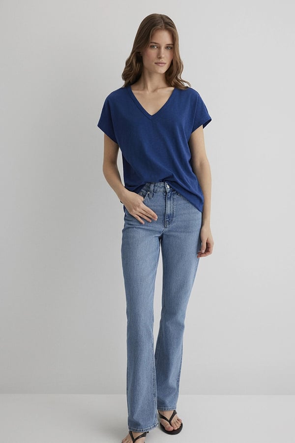 Mavi KiSA KOLLU BASiC Gece Mavi Lacivert Kadın T-Shirt