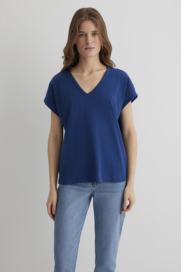 Mavi KiSA KOLLU BASiC Gece Mavi Lacivert Kadın T-Shirt