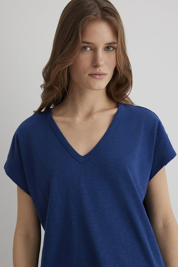 Mavi KiSA KOLLU BASiC Gece Mavi Lacivert Kadın T-Shirt
