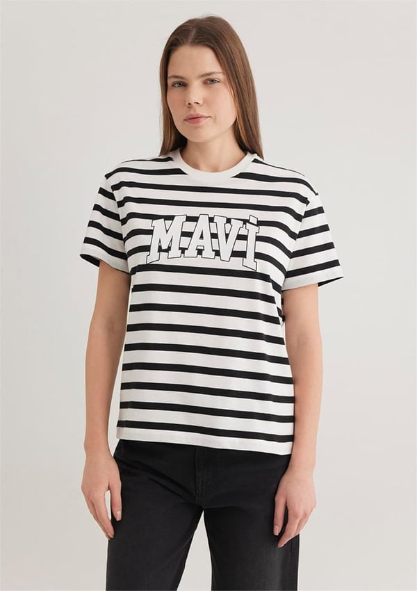 Mavi KISA KOLLU LOGO PENYE  Siyah Beyaz Çizgi Siyah Kadın T-Shirt