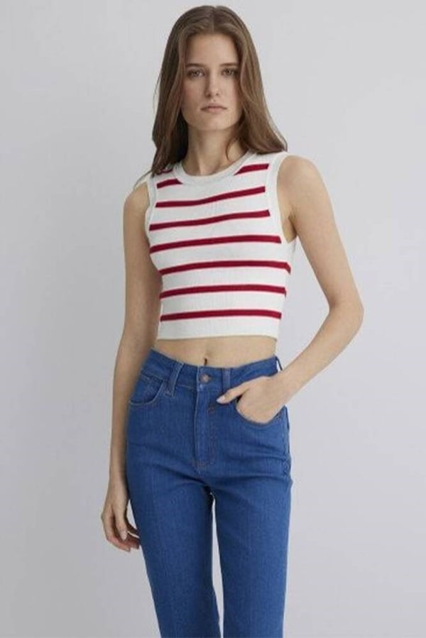 Mavi KOLSUZ TRiKO Scarlet Sage Stripe Kırmızı Kadın Kazak