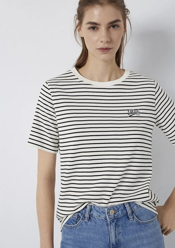 Mavi LOGO BASKILI T-SHIRT Siyah Çizgili Siyah Kadın T-Shirt
