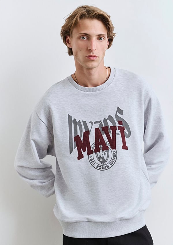 Mavi MAVi BASKiLi SWEATSHiRT Kar Melanj Beyaz Erkek Sweatshirt