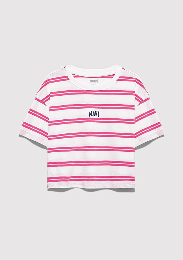 Mavi MAVI LOGO BASKILI ÇİZGİLİ CROP Gri Kız Çocuk T-Shirt