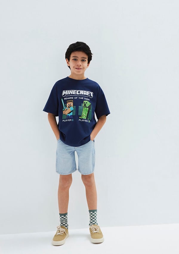 Mavi MINECRAFT BASKILI TİŞÖRT Derin Mavi Lacivert Erkek Çocuk T-Shirt