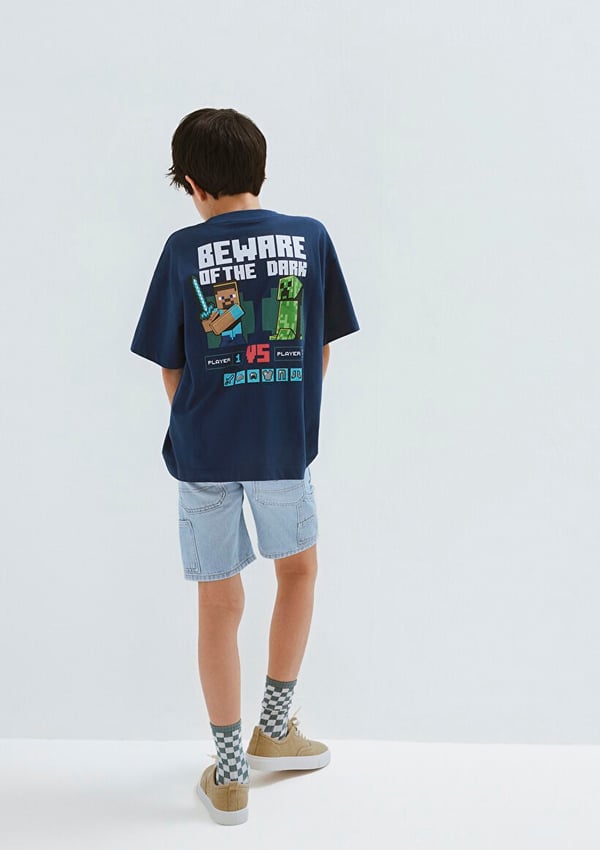 Mavi MINECRAFT BASKILI TİŞÖRT Derin Mavi Lacivert Erkek Çocuk T-Shirt