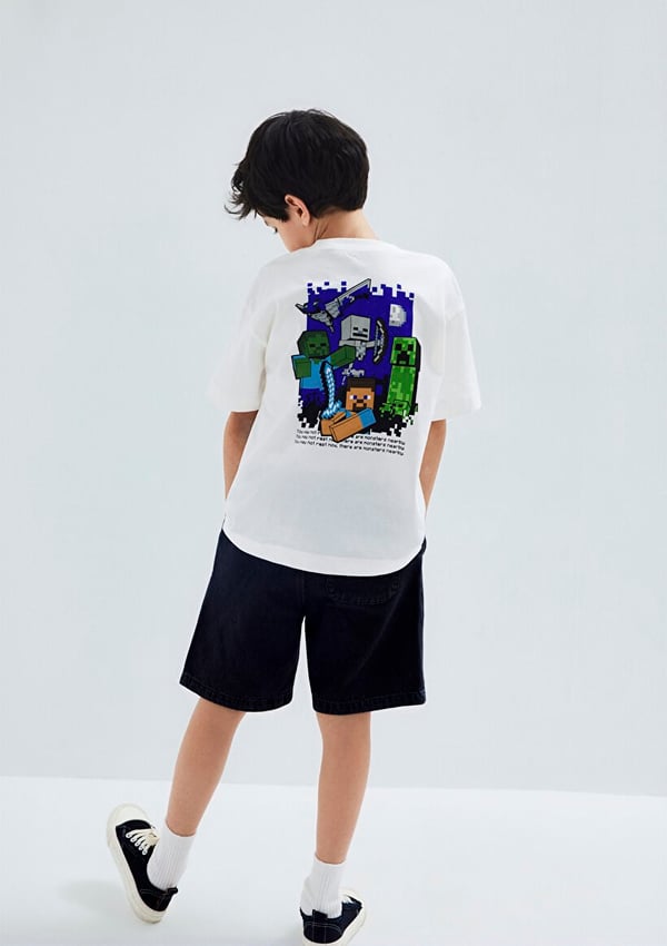 Mavi MINECRAFT BASKILI TİŞÖRT Kırık Beyaz Kırık Beyaz Erkek Çocuk T-Shirt