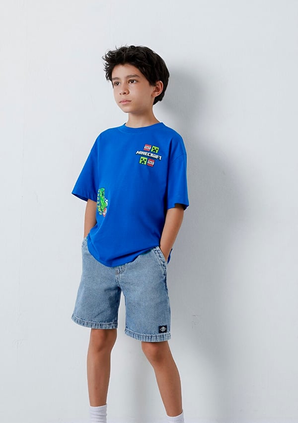 Mavi MINECRAFT BASKILI TİŞÖRT Saks Mavi Saks Erkek Çocuk T-Shirt