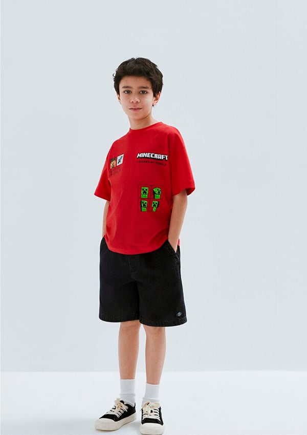 Mavi MINECRAFT BASKILI TSHIRT Koyu Kırmızı Kırmızı Erkek Çocuk T-Shirt