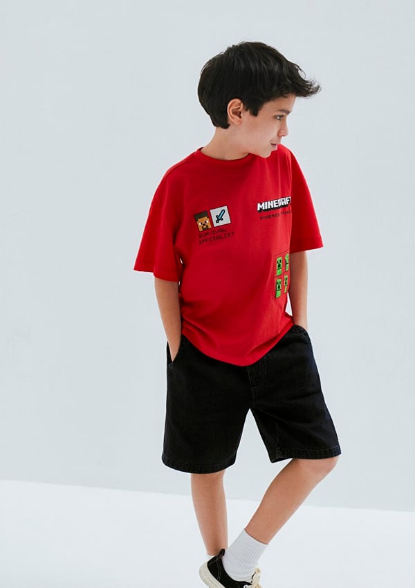 Mavi MINECRAFT BASKILI TSHIRT Koyu Kırmızı Kırmızı Erkek Çocuk T-Shirt