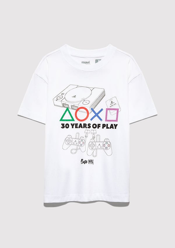 Mavi PLAYSTATION 30 YEARS OF PLAY BASKILI TİŞ Beyaz Erkek Çocuk T-Shirt