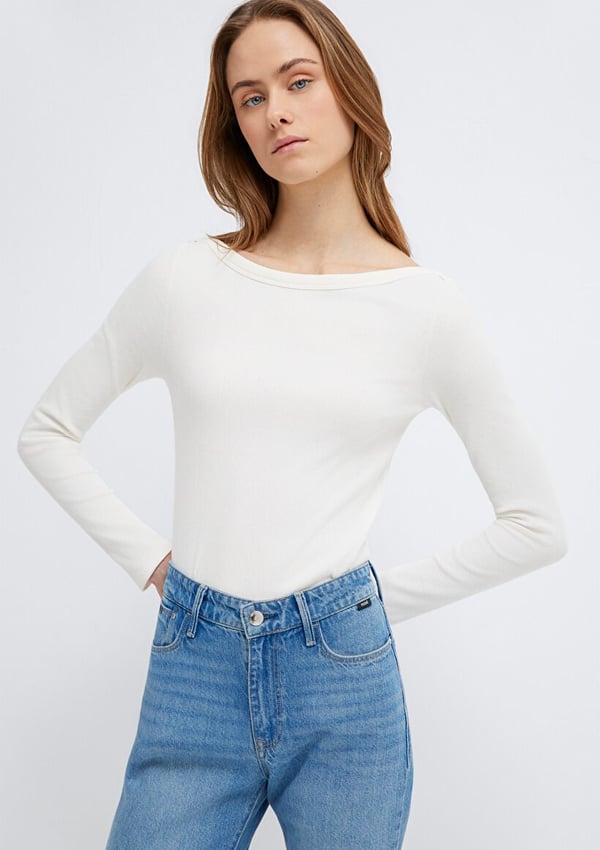 Mavi UZUN KOLLU BASiC Hindistan Cevizi Beyaz Kadın T-Shirt