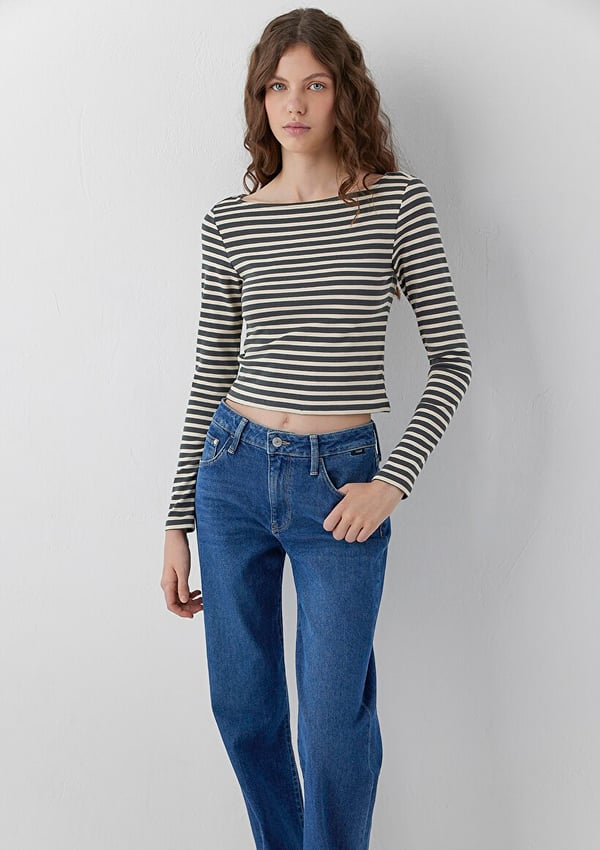 Mavi UZUN KOLLU PENYE  Dark Shadow Stripe Antrasit Kadın T-Shirt