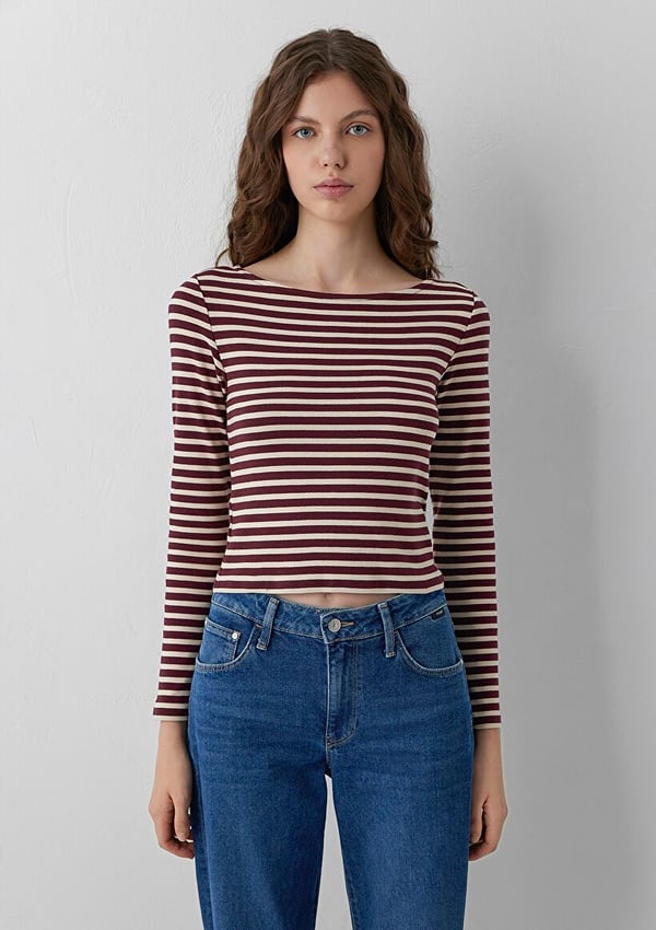 Mavi UZUN KOLLU PENYE  Fig Stripe Bordo Kadın T-Shirt