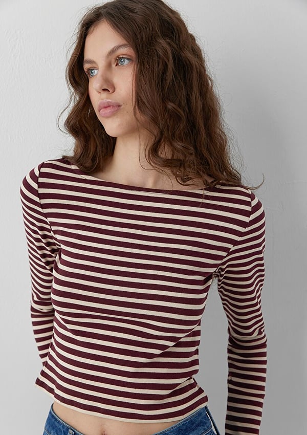 Mavi UZUN KOLLU PENYE  Fig Stripe Bordo Kadın T-Shirt
