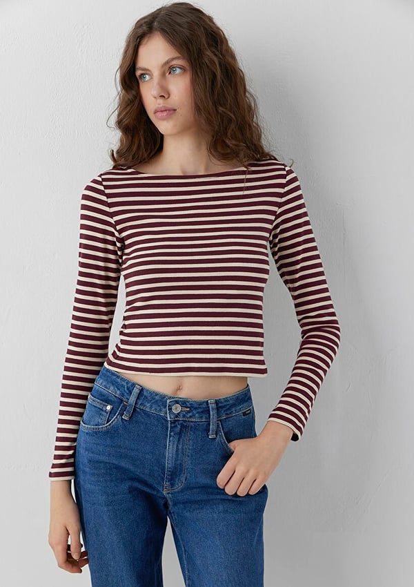 Mavi UZUN KOLLU PENYE  Fig Stripe Bordo Kadın T-Shirt