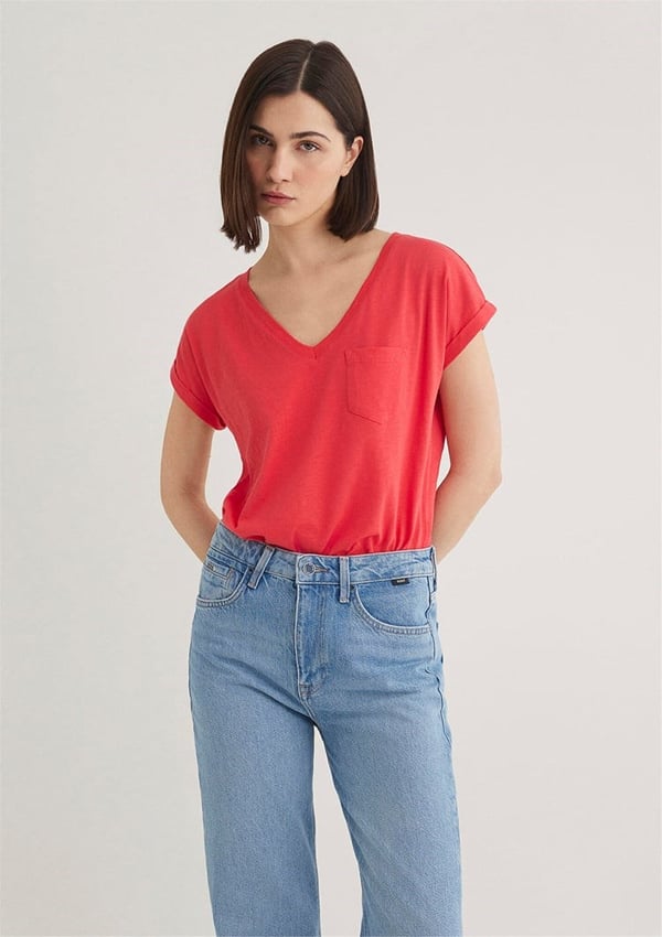 Mavi V YAKA BASiC TİŞÖRT Nar ciceÄŸi Mercan Kadın T-Shirt