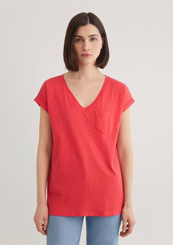 Mavi V YAKA BASiC TİŞÖRT Nar ciceÄŸi Mercan Kadın T-Shirt