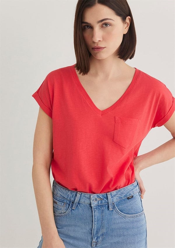 Mavi V YAKA BASiC TİŞÖRT Nar ciceÄŸi Mercan Kadın T-Shirt