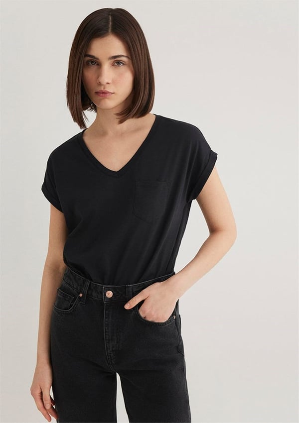 Mavi V YAKA BASiC TİŞÖRT Siyah Siyah Kadın T-Shirt