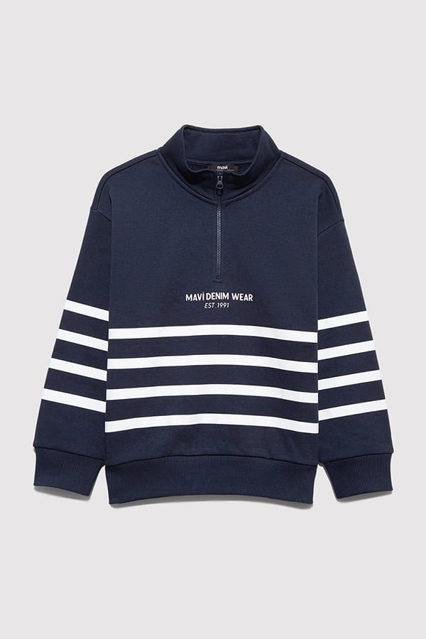 Mavi YARI FERMUARLI ÇİZGİLİ SWEATSHIRT Koyu L Lacivert Erkek Çocuk Sweatshirt
