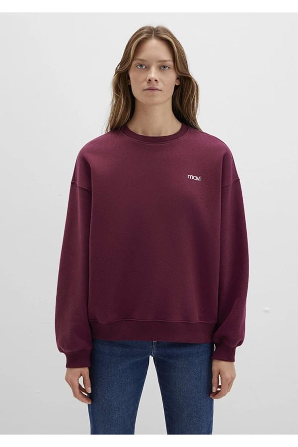 Mavi YUVARLAK YAKA LOGO SWEATSHiRT Maroon Ban Mürdüm Kadın Sweatshirt