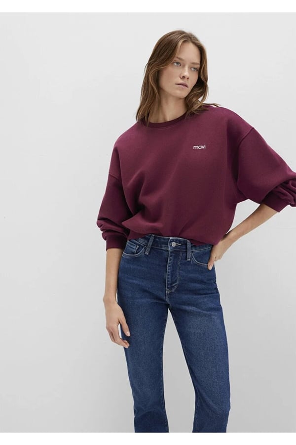 Mavi YUVARLAK YAKA LOGO SWEATSHiRT Maroon Ban Mürdüm Kadın Sweatshirt