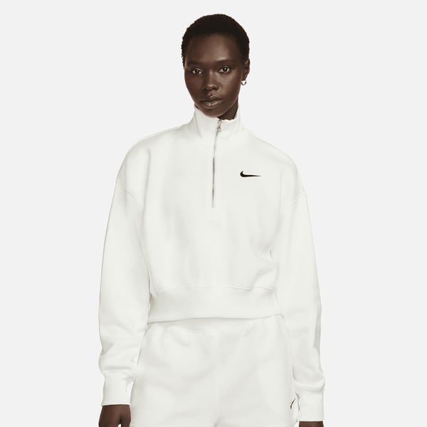 Nike W NSW PHNX FLC QZ CROP Beyaz Kadın T-Shirt