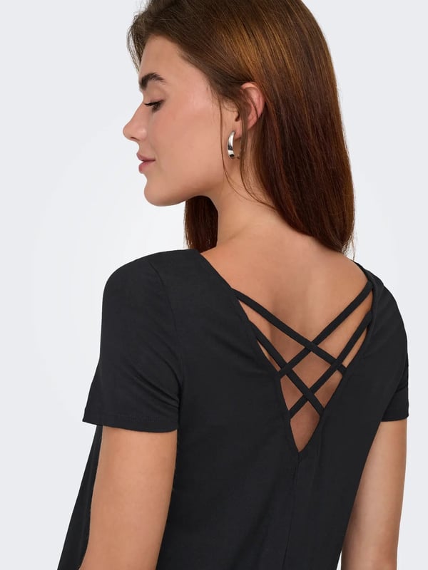 Only ONLBERA BACK LACE UP S/S DRESS JRS NOOS Siyah Kadın Elbise
