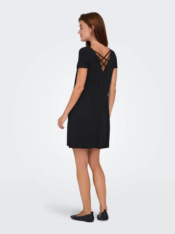 Only ONLBERA BACK LACE UP S/S DRESS JRS NOOS Siyah Kadın Elbise