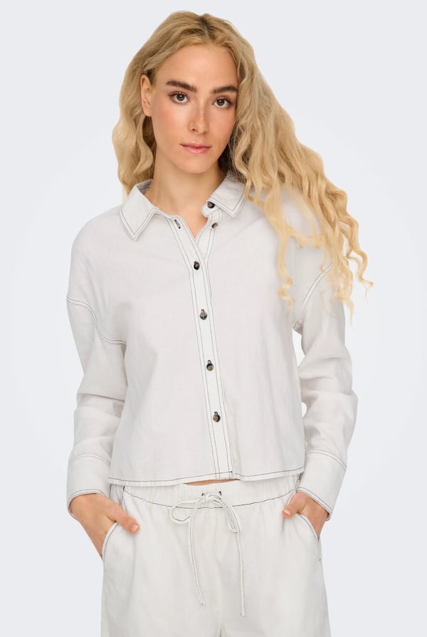 Only ONLCARO L/S LINEN BL CROP SHIRT CC PNT Beyaz Kadın Gömlek