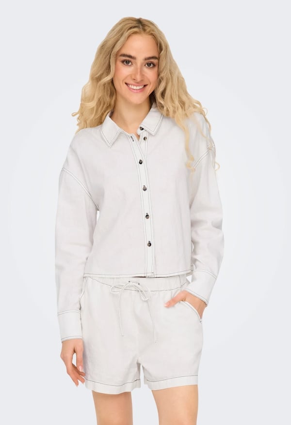 Only ONLCARO L/S LINEN BL CROP SHIRT CC PNT Beyaz Kadın Gömlek