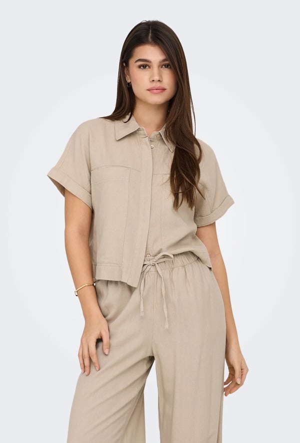 Only ONLCARO S/S LINEN BL BOXY SHIRT CC PNT Taba Kadın Gömlek