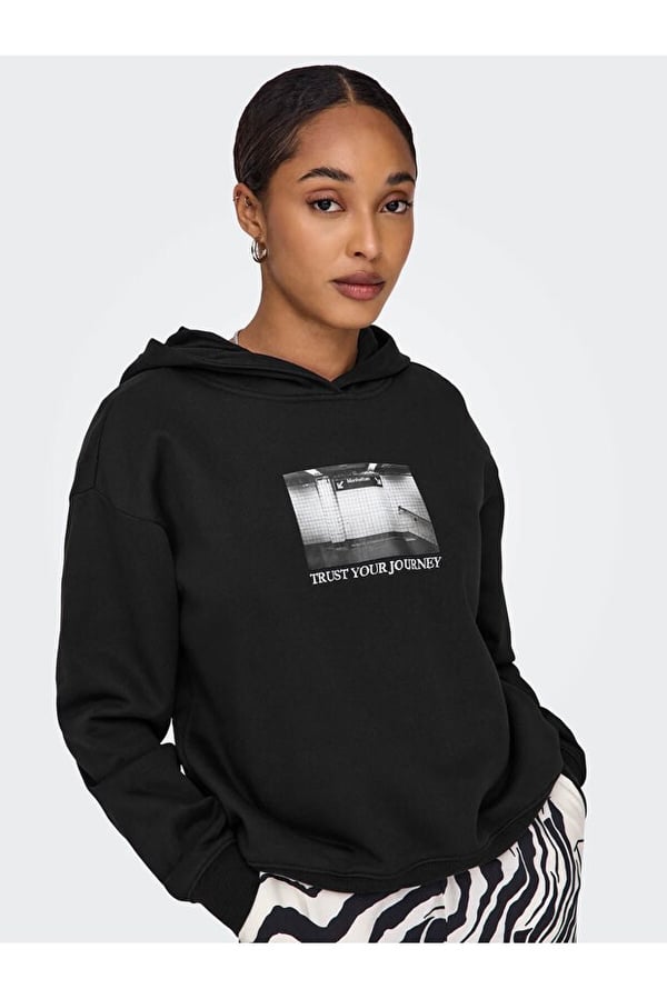Only ONLCASSIE L/S PHOTO HOOD SWT Siyah Kadın Sweatshirt
