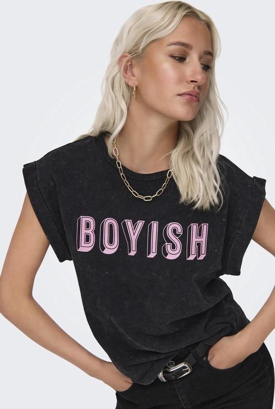 Only ONLDAHLIA S/S TEXT FOLD-UP TOP BOX JRS Siyah Kadın T-Shirt
