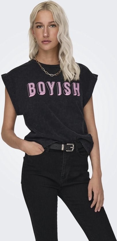 Only ONLDAHLIA S/S TEXT FOLD-UP TOP BOX JRS Siyah Kadın T-Shirt