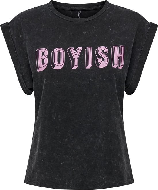 Only ONLDAHLIA S/S TEXT FOLD-UP TOP BOX JRS Siyah Kadın T-Shirt