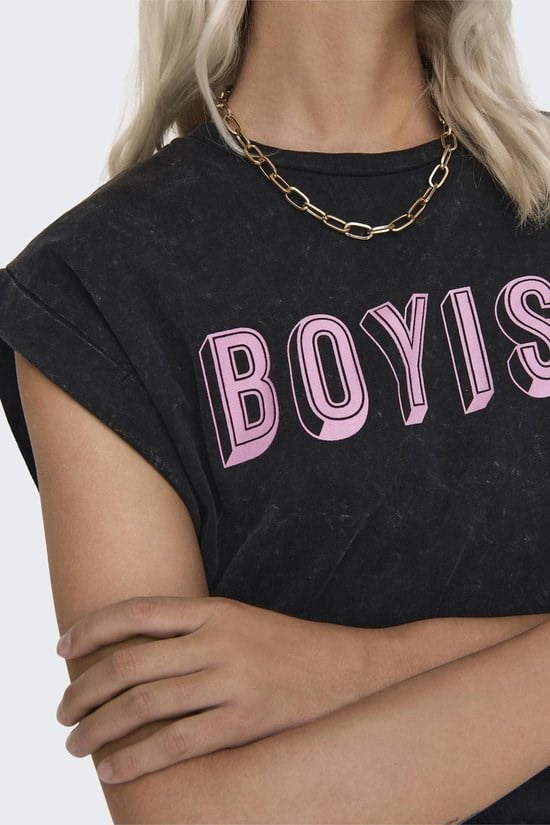 Only ONLDAHLIA S/S TEXT FOLD-UP TOP BOX JRS Siyah Kadın T-Shirt