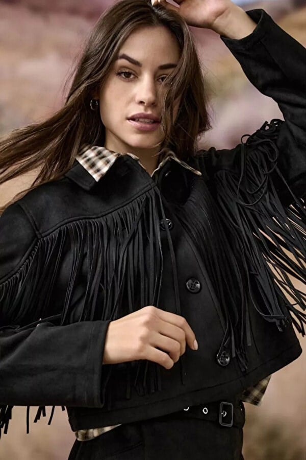 Only ONLDIANE LIFE FAUX SUEDE FRINGES OTW Siyah Kadın Ceket