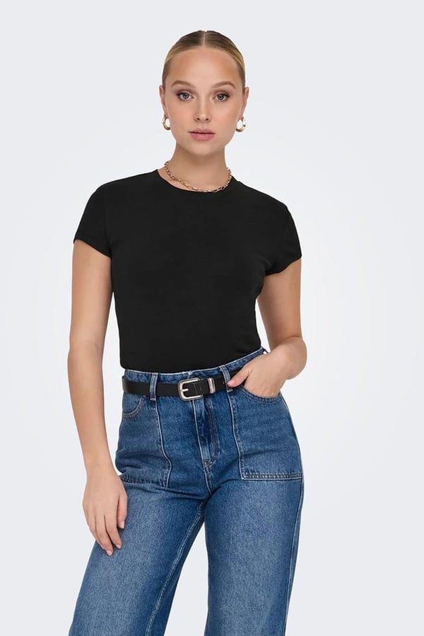 Only ONLELINA S/S O-NECK SHORT TOP JRS NOOS Siyah Kadın T-Shirt