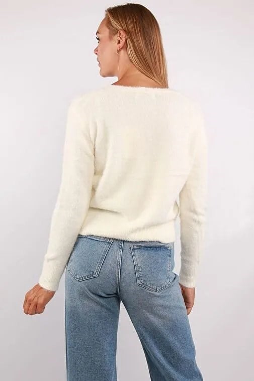 Only ONLELLA PIUMO LS V-NECK KNT Beyaz Kadın Kazak