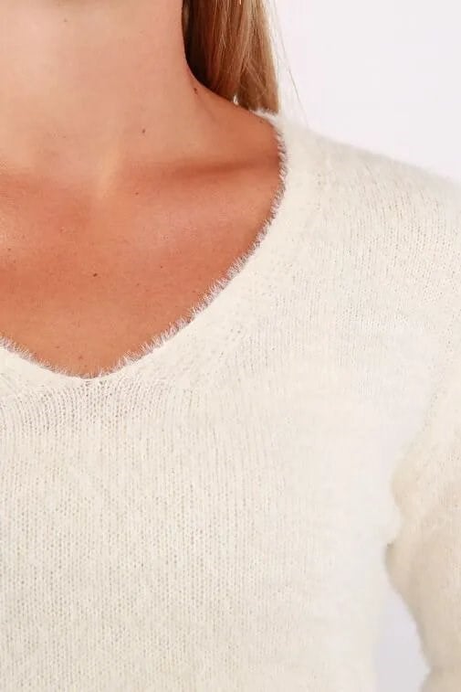 Only ONLELLA PIUMO LS V-NECK KNT Beyaz Kadın Kazak