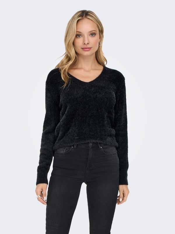 Only ONLELLA PIUMO LS V-NECK KNT Siyah Kadın Kazak