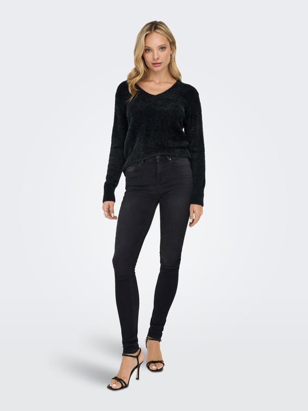 Only ONLELLA PIUMO LS V-NECK KNT Siyah Kadın Kazak