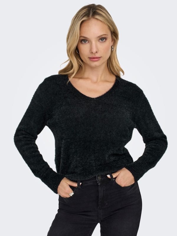 Only ONLELLA PIUMO LS V-NECK KNT Siyah Kadın Kazak